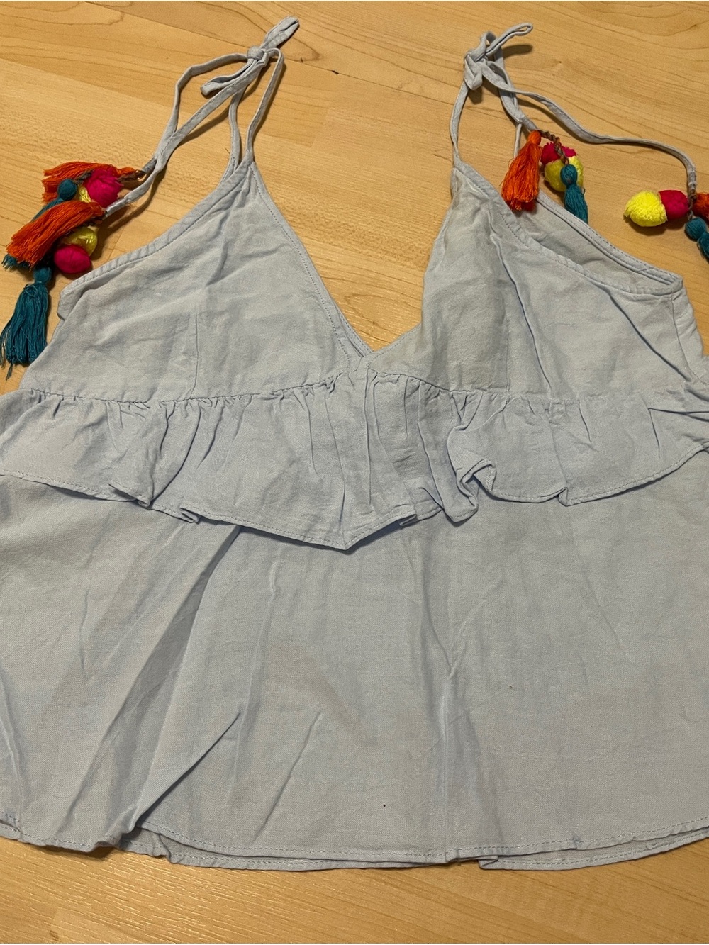 Zara Light Blue Ruffle Tie-Shoulder Cami with Colorful Tassels Small